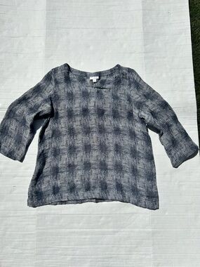 Purejill Women's Gray Patterned Linen Blend Blouse - Relaxed 3/4 Sleeve